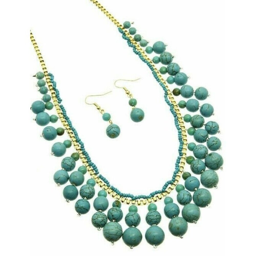 Turquoise Beaded Southwestern Western Cowgirl Rockabilly Gold Necklace Earrings